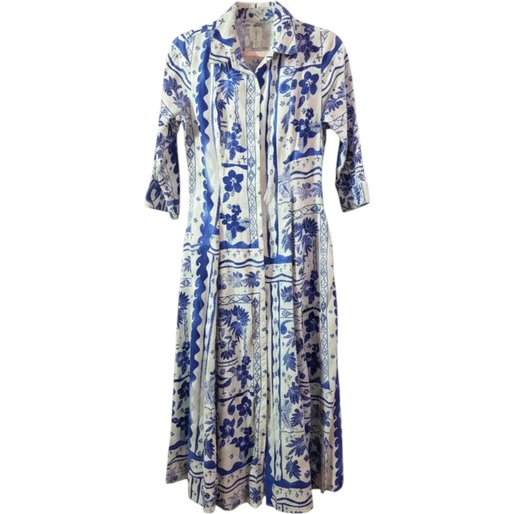 Joie Blue White Linen Rayon Floral Batik Midi Shirt Dress Small - Picture 2 of 11